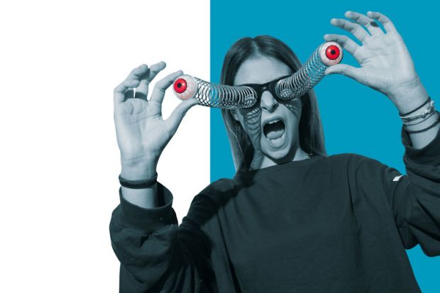 Young woman stretches out springy eyes on joke-shop glasses.to illustrate Is it time for  the Office  for Students  to grow up?