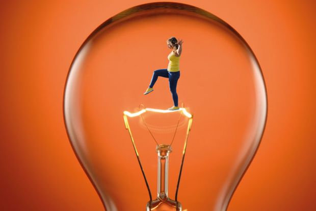 Montage of a close up image of a clear tungsten lightbulb with a person inside to illustrate  Spinout success needs less squabbling and more risk