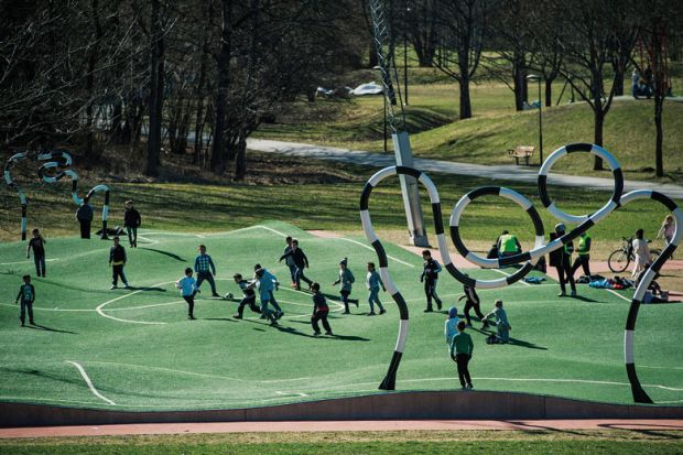 Children play on The 'Puckelboll' pitch, a distorted artificial grass pitch for football, where the pitch halves and objectives are of different sizes and where the artificial turf is bumpy, to reflect life's game plan. Children play on The 'Puckelboll' pitch, a distorted artificial grass pitch for football, where the pitch halves and objectives are of different sizes and where the artificial turf is bumpy, to illustrate Swedish funding overhaul devalues basic research