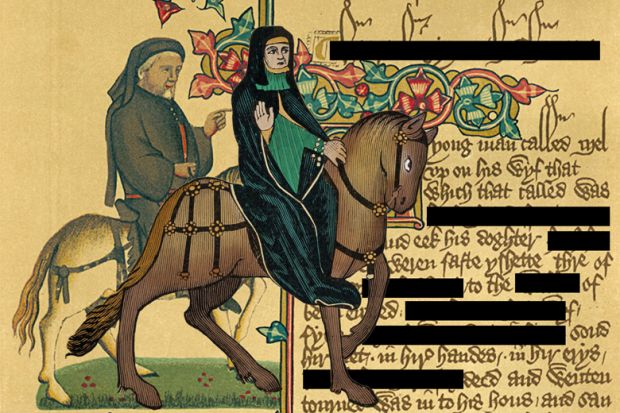 Montage of Geoffrey Chaucer on a horse, on a manuscript c 1343-1400 with parts of the text blacked out Geoffrey Chaucer on horse - on manuscript c 1343-1400 with parts of the text blacked out to illustrate Trigger warnings are nothing but tribal slogans