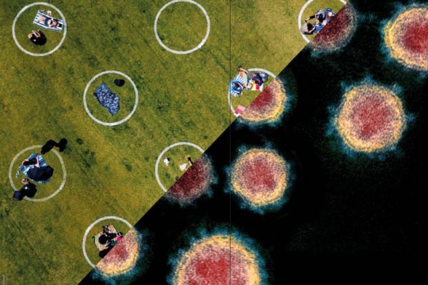 aerial view shows painted circles in the grass people sitting  inside each circle with half the image covered with coronavirus circles as a metaphor for Has the pandemic changed research culture for the better.