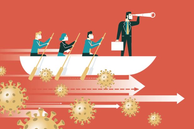 Illustration concept of people rowing in boat and one person with telescope as a metaphor for Running a university during a pandemic