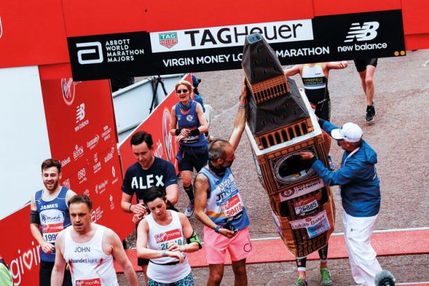 Big Ben gets help to cross the finish line during the Virgin Money London Marathon in London to illustrate Sunak government final straight offers ‘diminished vision of HE’