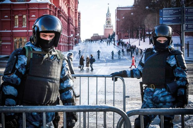 Russian riot police place fences to prevent possible protests to illustrate Russia returns to six-year degrees, abandoning Bologna Process