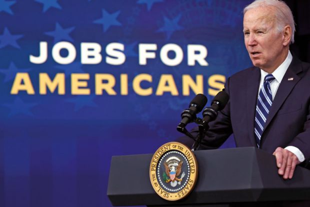 US President Joe Biden delivers remarks about the latest jobs report to illustrate Universities challenge Biden over graduate employment focus
