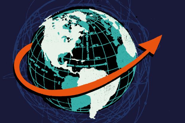 Graphic of a globe with an arrow to illustrate Has the pandemic changed international student flows forever
