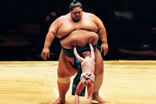 Sumo Wrestling. Wrestler Konishiki is more than a match for his small opponent to illustrate New Zealand course cuts mean ‘catastrophic’ loss of Asia know-how