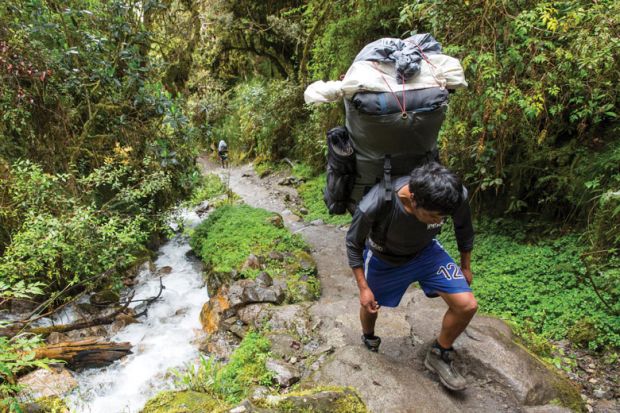 Hiker carrying enormous load on his back in the forest as a metaphor on the inexcusable fees levied on doctoral students.