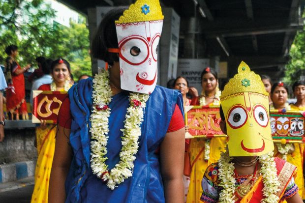 People  dressed as Jagannath , Subhadra and Balaram during annual rathyatra festival in Kolkata , India to illustrate Mandatory ‘Indian knowledge’ course seen as ‘indoctrination’
