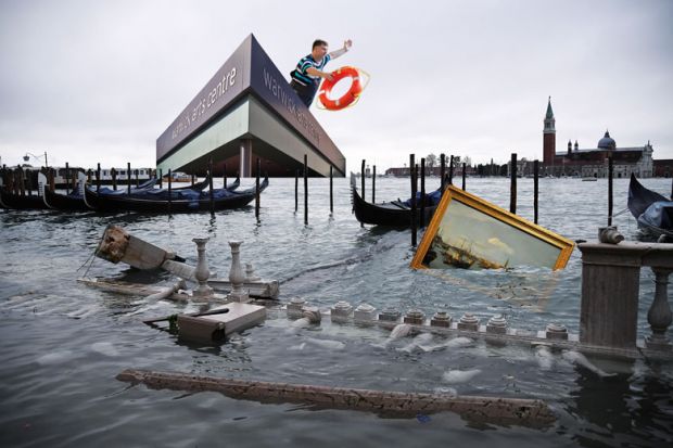 Montage of a person throwing a lifebuoy in Venice with painting and statues sinking in the water to illustrate Why my university is investing more than ever in arts and humanities