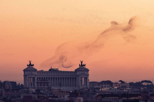 Rome skyline with Vittorio Emanuele Monument and flocks of starlings at winter solstice, Italy to illustrate Giorgio Parisi  who studies the starlings