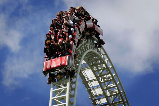 People ride a rollercoaster at Thorpe Park to illustrate Academics’ faith in A levels plummets post-pandemic