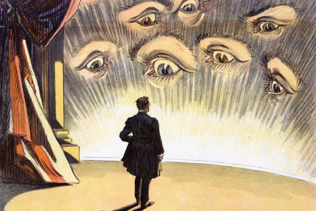 Person standing on a stage facing an audience of eyes illustration as a metaphor for an expert practitioner  taps into ‘the dangerous energy of all those watching eyes