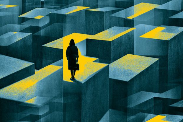 concept image of a woman standing in a maze of large confusing blocks.