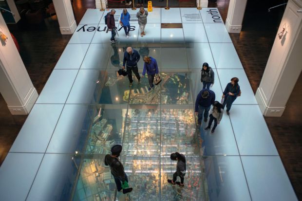 Transparent entrance floor with a scale model of the Sydney CBD beneath