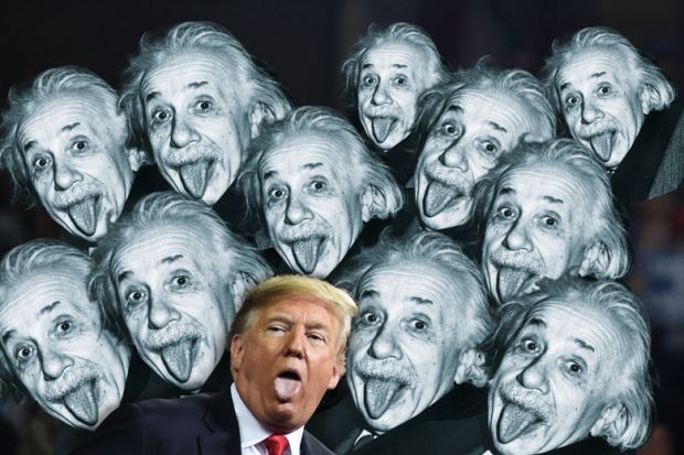 Montage of US President Donald Trump sticks out his tongue with multiple heads of Albert Einstein to illustrate Doctors, scientists, did the quacks get your tongue? Time to take it back