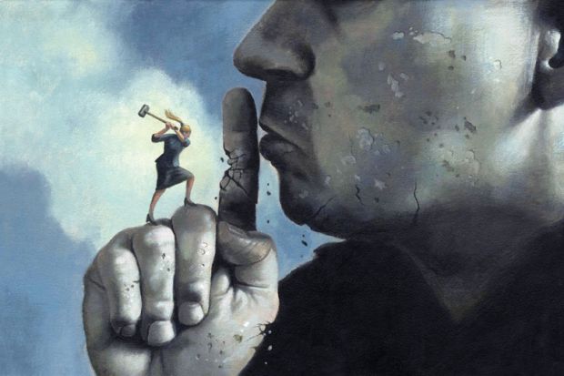 Man finger on mouth with woman smashing it with an axe illustration concept