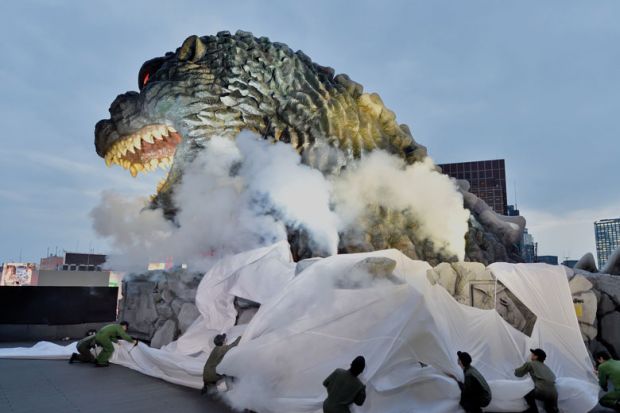 Godzilla head is displayed during the official unveiling ceremony in Tokyo to illustrate Can Japan’s ¥10tn excellence drive revamp its research?