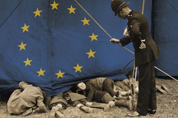 A policeman talking to a group of boys who are sneaking a look a show with the EU flag on the curtain.