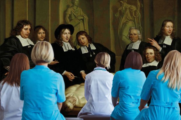 Montage of doctors sitting watching renaissance doctors operating on a body to illustrate Are degree apprentices hips  ready to graduate?