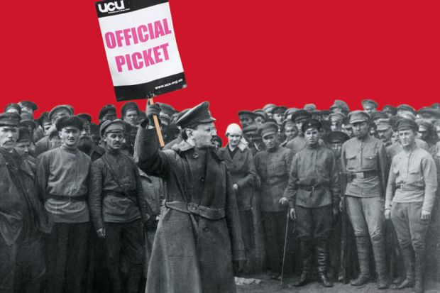 Concept of Leon Trotsky, a Russian leader of the Bolshevik Revolution holding a UCU banner to illustrate Trotskyist politics are driving perennial strikes