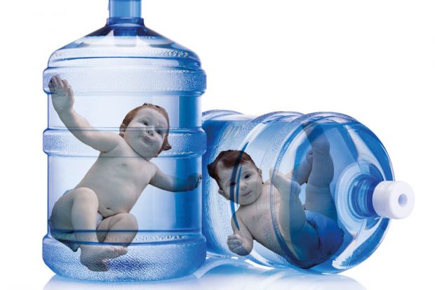Two big bottles of water with a baby inside each to illustrate Conference water-cooler moments are not accessible to everyone