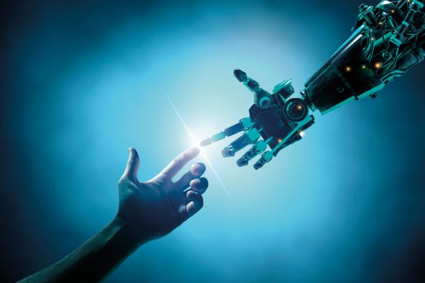Person’s finger touching a robots finger to illustrate the barriers to interdisciplinary science must  be lowered