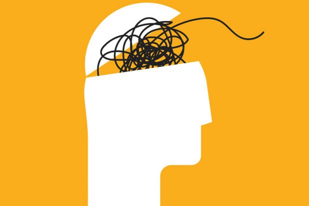 Illustration of a head open with tangled wires to illustrate ADHD