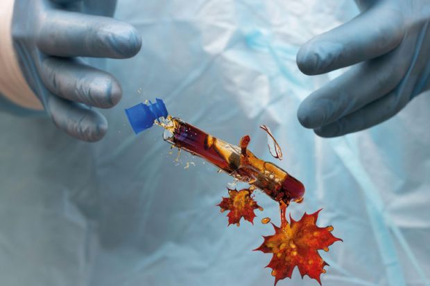Montage of the doctor dropped the damaged blood test tube with Canada shape leaf falling out of it to illustrate Is Justin Trudeau failing Canadian science?