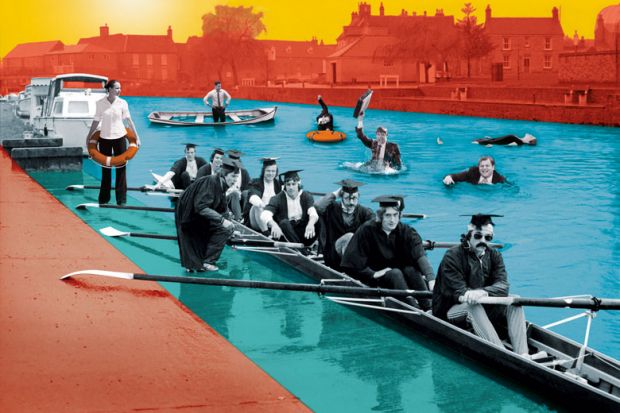 Graduates in rowing boat with people in suites in the water