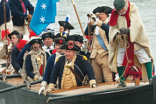  re-enactment of George Washington crossing the Delaware River group in boat with telescope as a metaphor for Hannah-Jones tenure fight sets out pathway for wider trustee reform