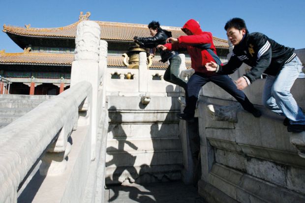  Parkour  jump at the Forbidden City in Beijing to illustrate Top Chinese universities trial three-year bachelor’s degrees
