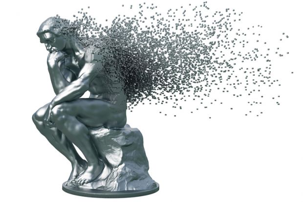 Disintegration Of Metal Sculpture Thinker On White Background. 3D Illustration. to illustrate Dimensions of change