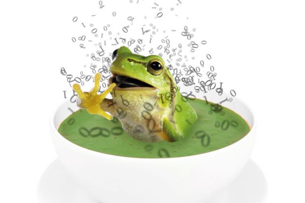 Montage of a frog in a bowl of green soup with coding  to illustrate Of frog soup and icebergs 