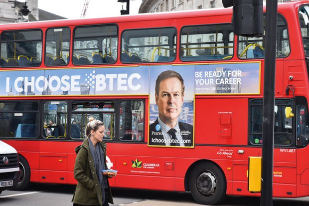 Piccadilly Circus, London, UK. 8th April 2016. Pearson BTEC advert London Bus Peter Jones Dragons Den to illustrate BTECs offer ‘critical alternative route to HE’