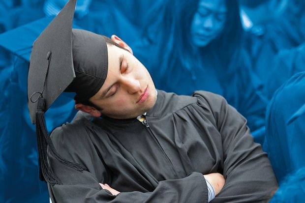 A graduate takes a snooze during his graduation ceremony as a metaphor for Pomp and monotony: why are graduation ceremonies so boring?