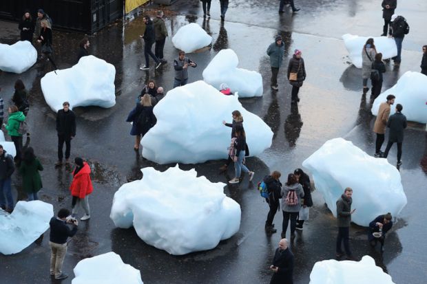  Blocks of melting ice exhibit outside Tate Modern, London  to illustrate Admissions ‘sea change’ leaves thousands without university place