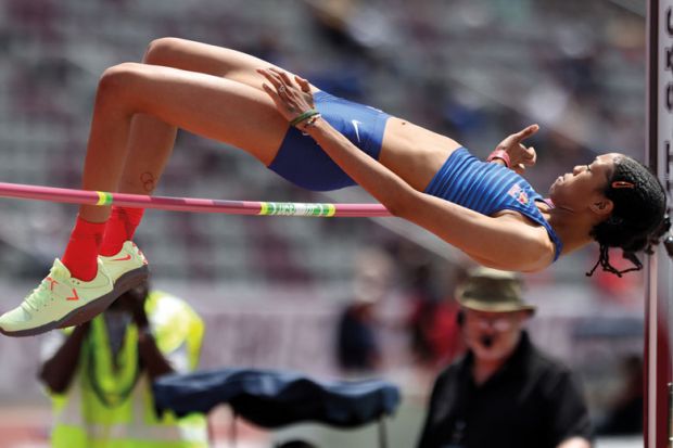  Vashti Cunningham of the United States competes in the women's high jump over the bar to illustrate US universities rarely hire below their level of prestige