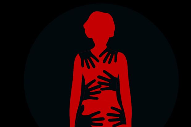 Illustration of a silhouette body covered with hands to illustrate Publishing my story of sexual misconduct has been liberating