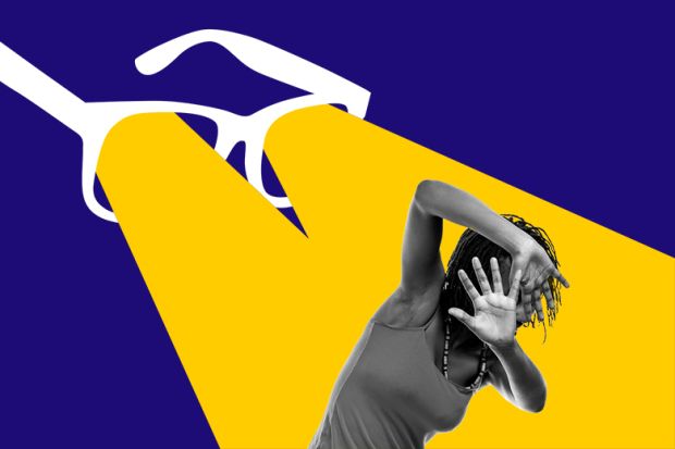A student trying to hide from a spotlight coming from smart glasses. To illustrate smart glasses making it too risky to speak up in class. A student trying to hide from a spotlight coming from smart glasses. To illustrate smart glasses making it too risky to speak up in class.