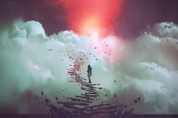 Woman standing on broken stairs