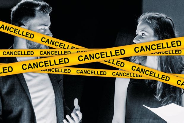 Business couple standing over illuminated desk with cancelled yellow tape in front of them to illustrate Academia’s cancel culture distracts from the right’s free-speech abuses