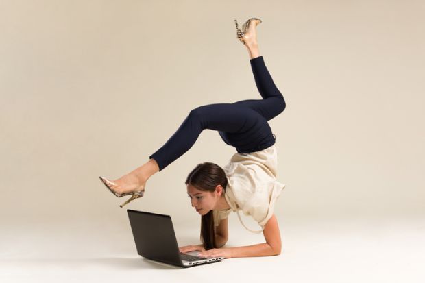 Young Gymnast Business Woman Stretching And Working On Computer