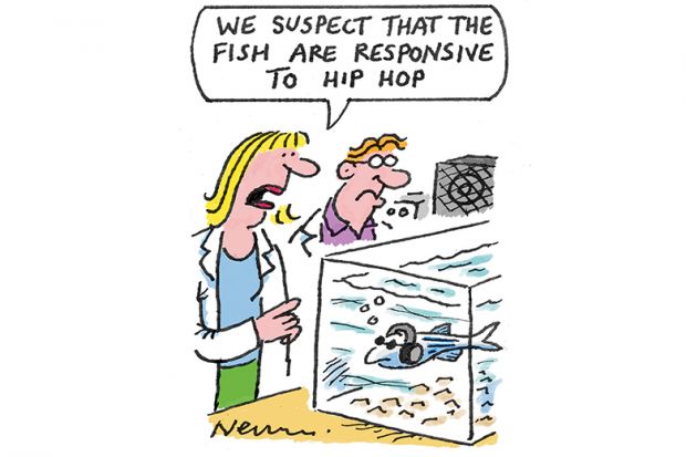 Cartoon of scientists looking at a fish wearing headphones in a tank: ‘We suspect that the fish are responsive to hip hop’