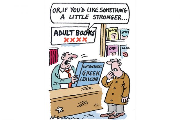 Cartoon of adult bookshop owner offering a customer the ‘Uncensored Greek Lexicon’
