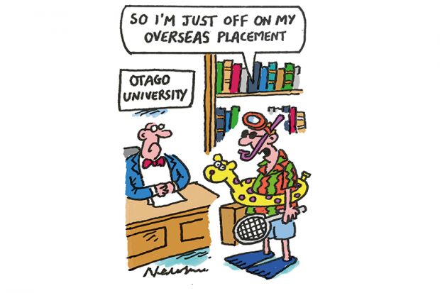 Cartoon of a student in snorkel with floatation ring and tennis racket saying: “So I’m just off on my overseas placement”