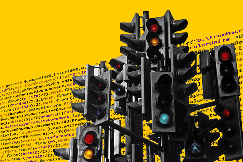 Confusing number of traffic lights with computer code in the background. To illustrate that some universities use a traffic-light system with regard to how students can use AI.
