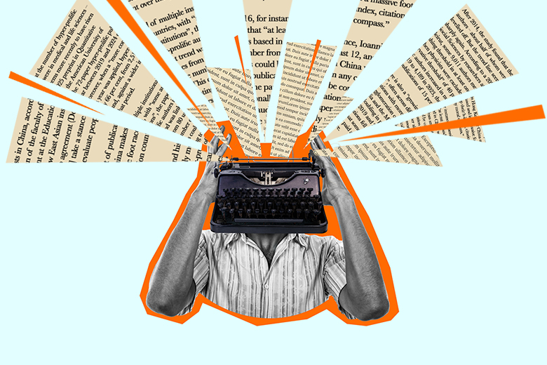 A person with a typewriter head and papers flying out from it. To illustrate hyper-prolific authors.