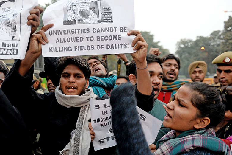 Indian students shout slogans outside the office of Indian minister Smriti Irani during a protest on 28 January 2016 in New Delhi, India, after student Rohit Vemula was found dead at a university hostel, in India’s capital on 17 January. 