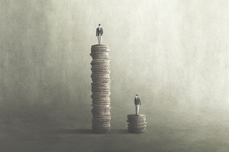 Illustration of two people balancing on different sized piles of coins. To illustrate wealth inequality across the UK HE sector. Illustration of two people balancing on different sized piles of coins. To illustrate wealth inequality across the UK HE sector.